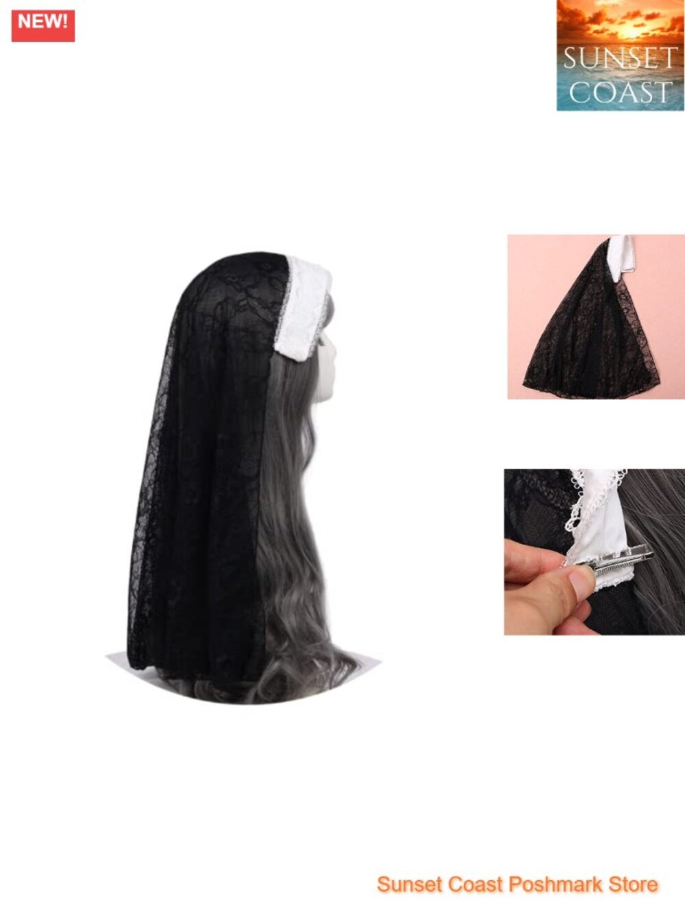 Nun Costume Cosplay Headpiece Hat Lace Veil Halloween Party Role Play